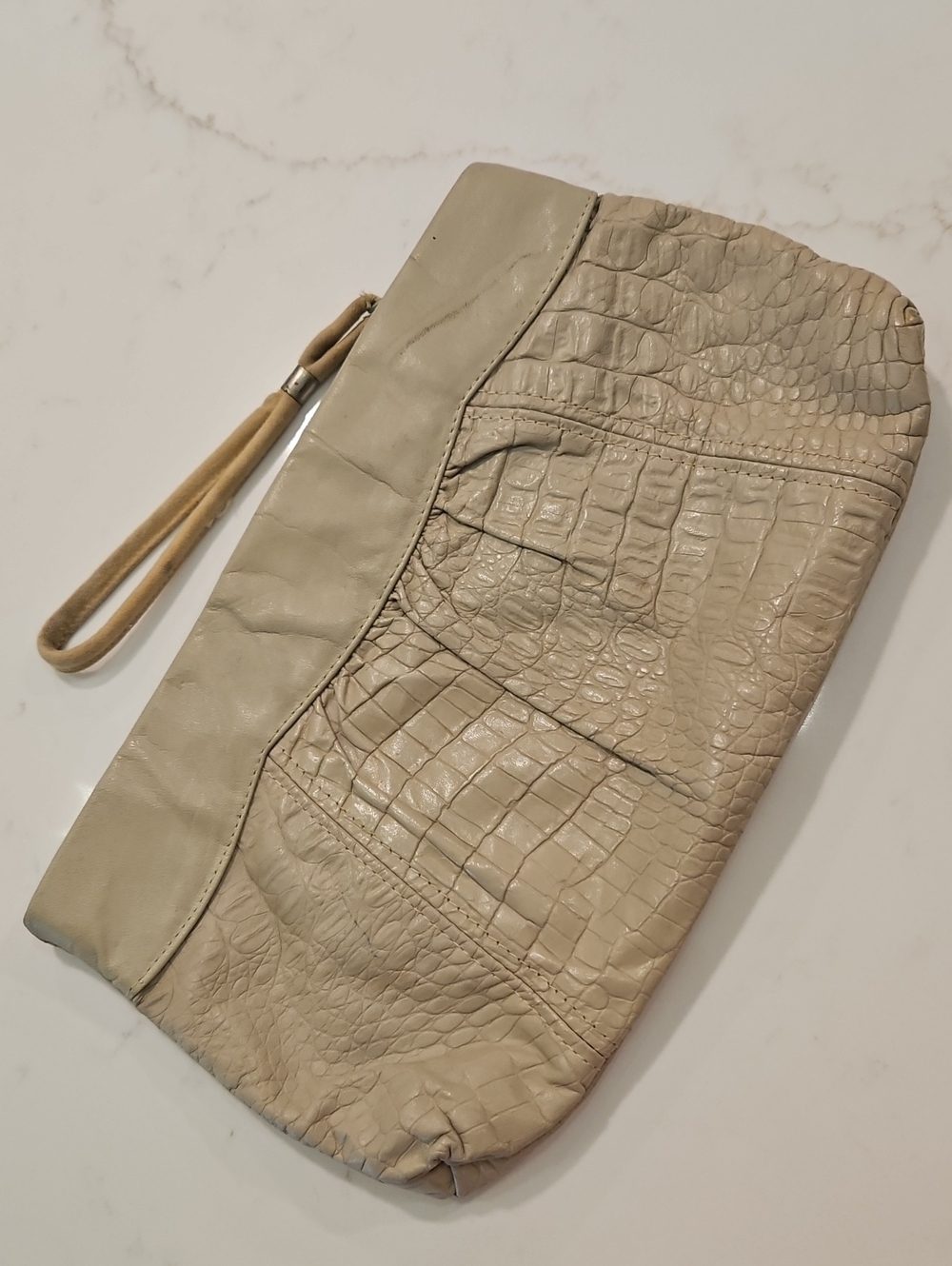 Vintage Clutch Purse Bag Taupe Faux Croc Embossed Leather Like Exterior